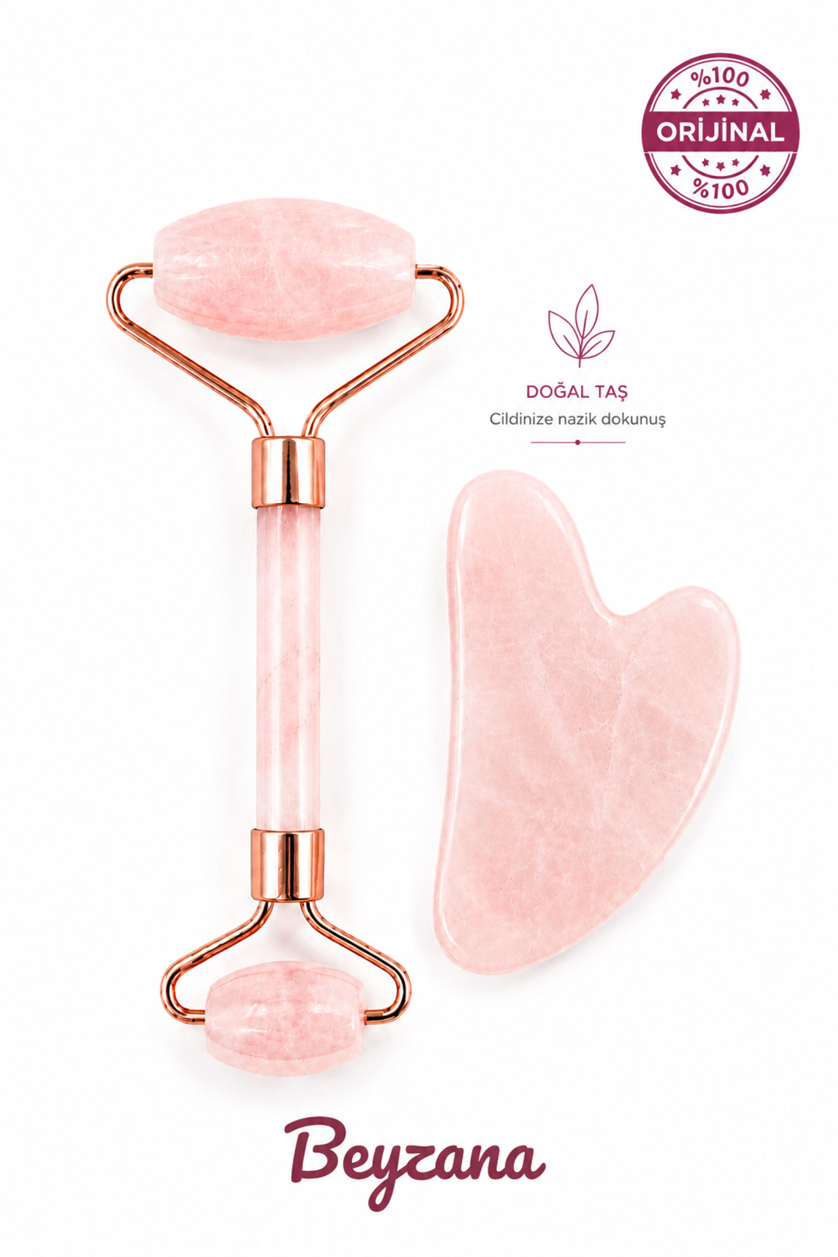 Pembe Kuvars Roler ve Pembe Kuvars Kalp Gua Sha Yüz Masaj Aleti Seti — صورتی BYZ-PMB-SET