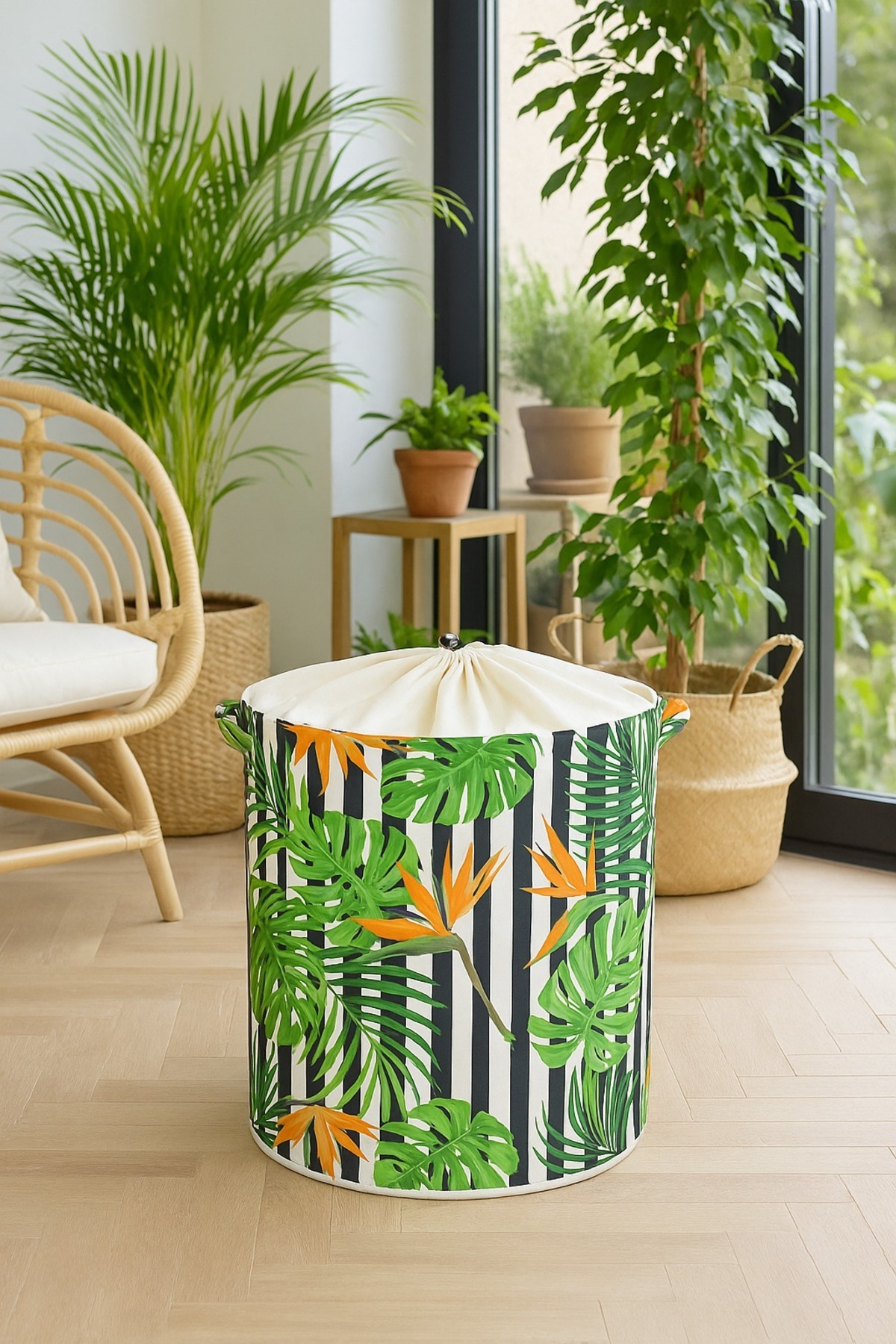 Tropical Leaf Pattern Mesh Laundry Towel Dirty Basket 37 x 40