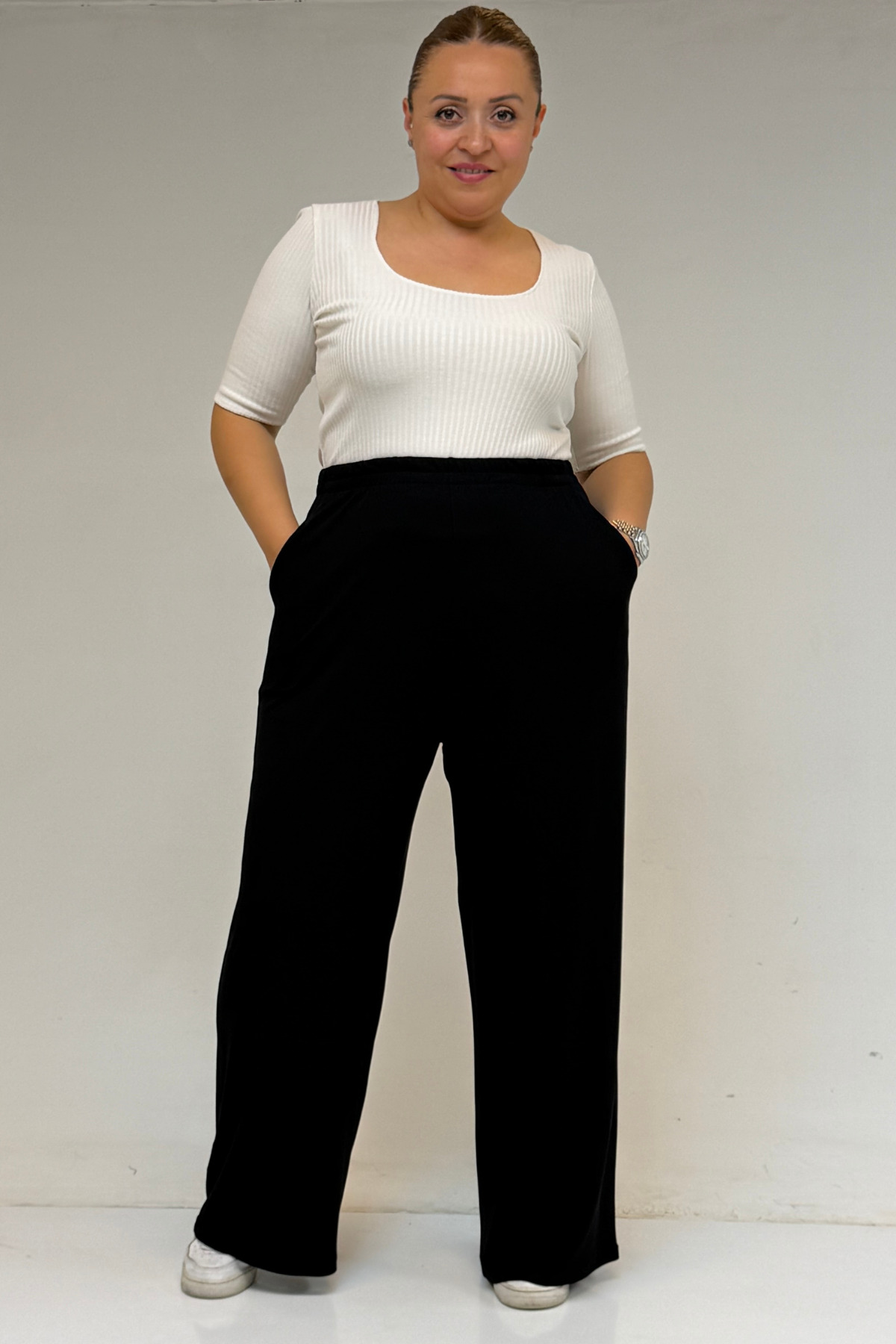39000 Plus Size High Waist Elastic Wide Leg Combed Cotton Trousers - Black