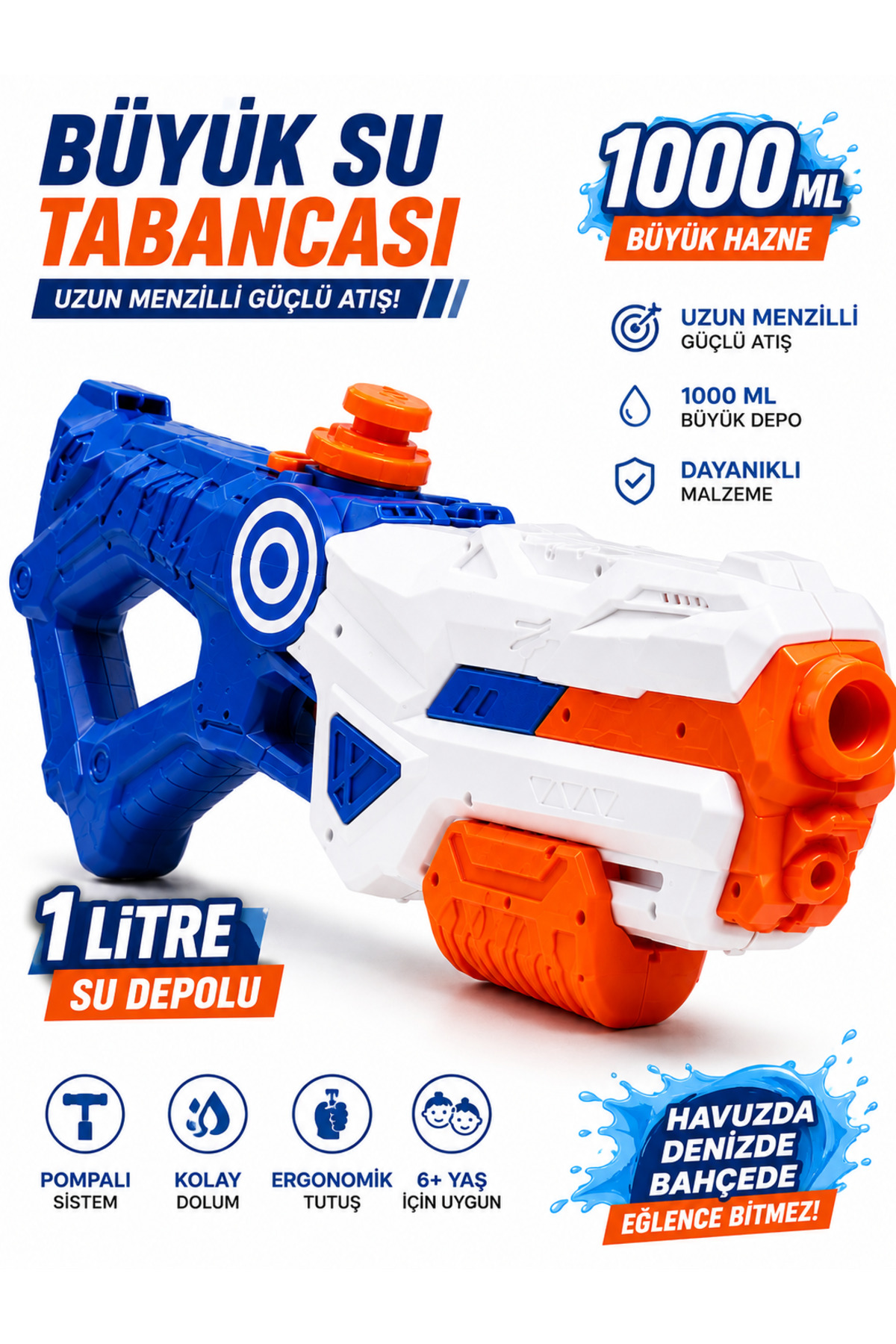 İlknurtoys Büyük Su Tabancası 1 Litre (1000 ML) Uzun Menzilli Yaz