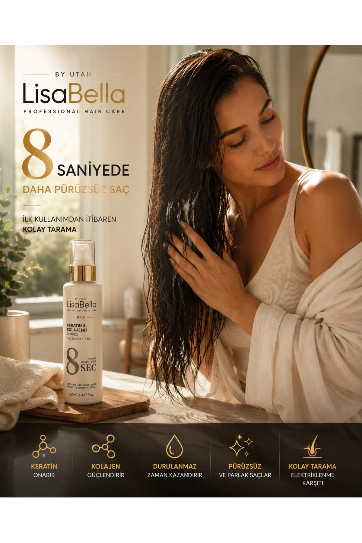 Durulanmayan Saç Kremi Keratin & Collagen 250 ml 👉 "Kabarmayı Önleyen" Ekstra Dolgunlaştırıcı Restorative Hair Care — LB-100 — تصویر 6 از 8