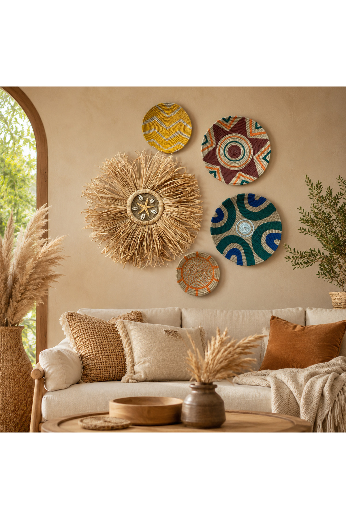 5-PIECE BOHEMIAN HANDMADE WICKER WALL PLATE SET - ETHNIC