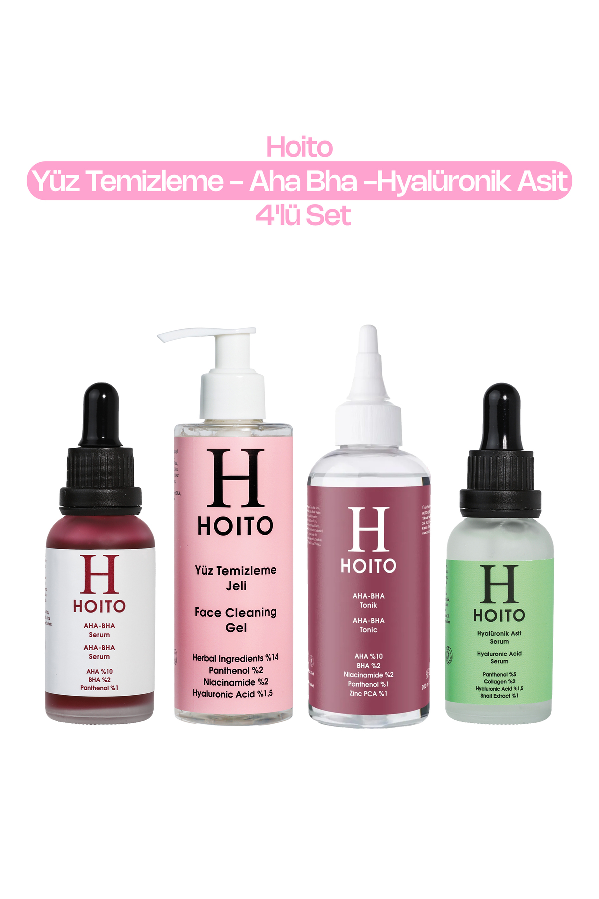 Hoito Cilt Yenileyici & Cam Cilt Görünümü Destekleyici Cilt Bakım Rutini: Yüz Temizleme Jeli (200 ml) + AHA BHA Tonik (200 ml) + AHA BHA Serum (30 ml) + Hyalüronik Asit Serum (30 ml) — H10020