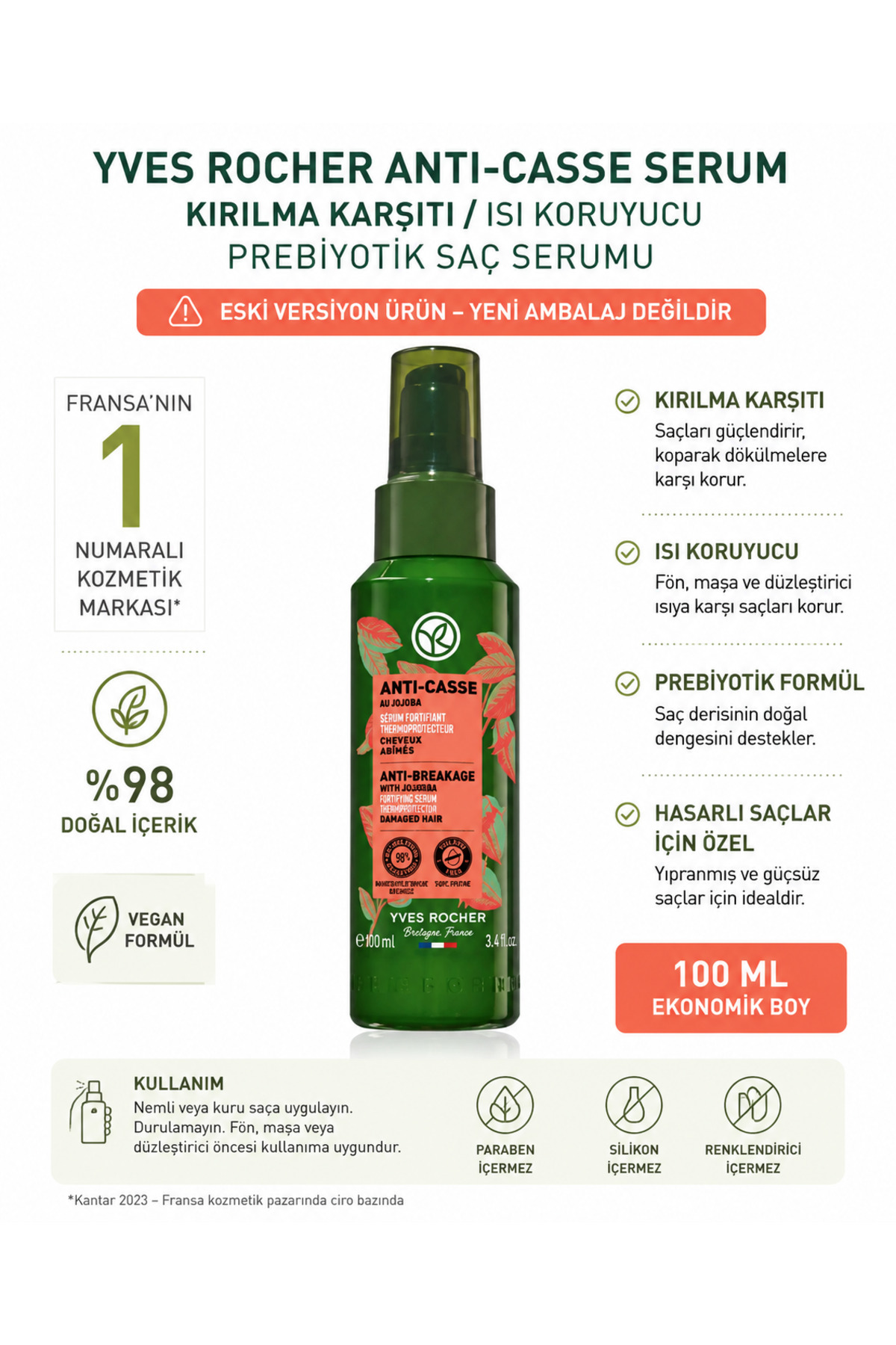 Yves Rocher Réparation Kırılma Karşıtı Prebiyotik Saç Serumu – Yıpranmış Saçlar İçin 100 ml – Eski Versiyon Ambalaj — CV1790