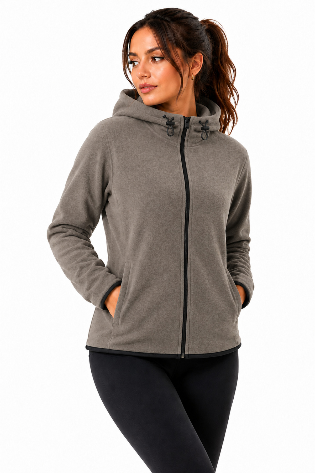 GHASSY CO Kadın Haki Kapşonlu Fermuarlı Polar Sweatshirt görsel 2