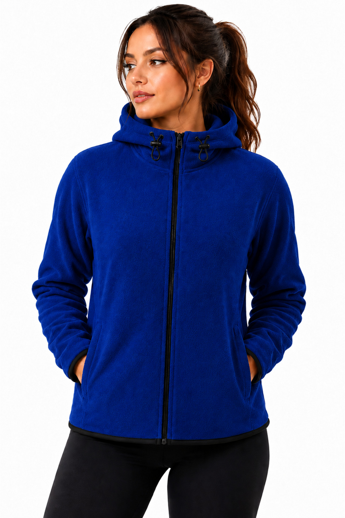 GHASSY CO Kadın Mavi Kapüşonlu Fermuarlı Polar Sweatshirt