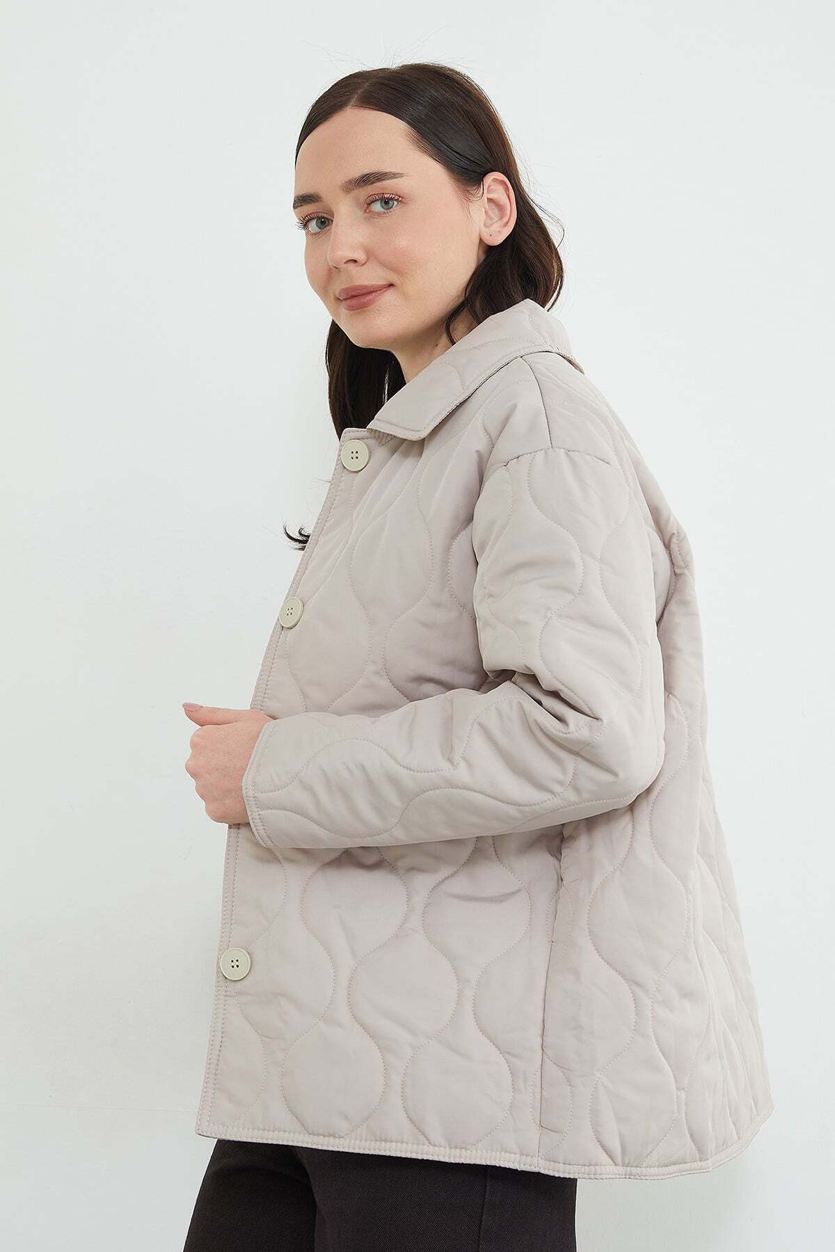 Fulla Moda Su Yolu Desenli Oversize Düğmeli Mont görsel 4