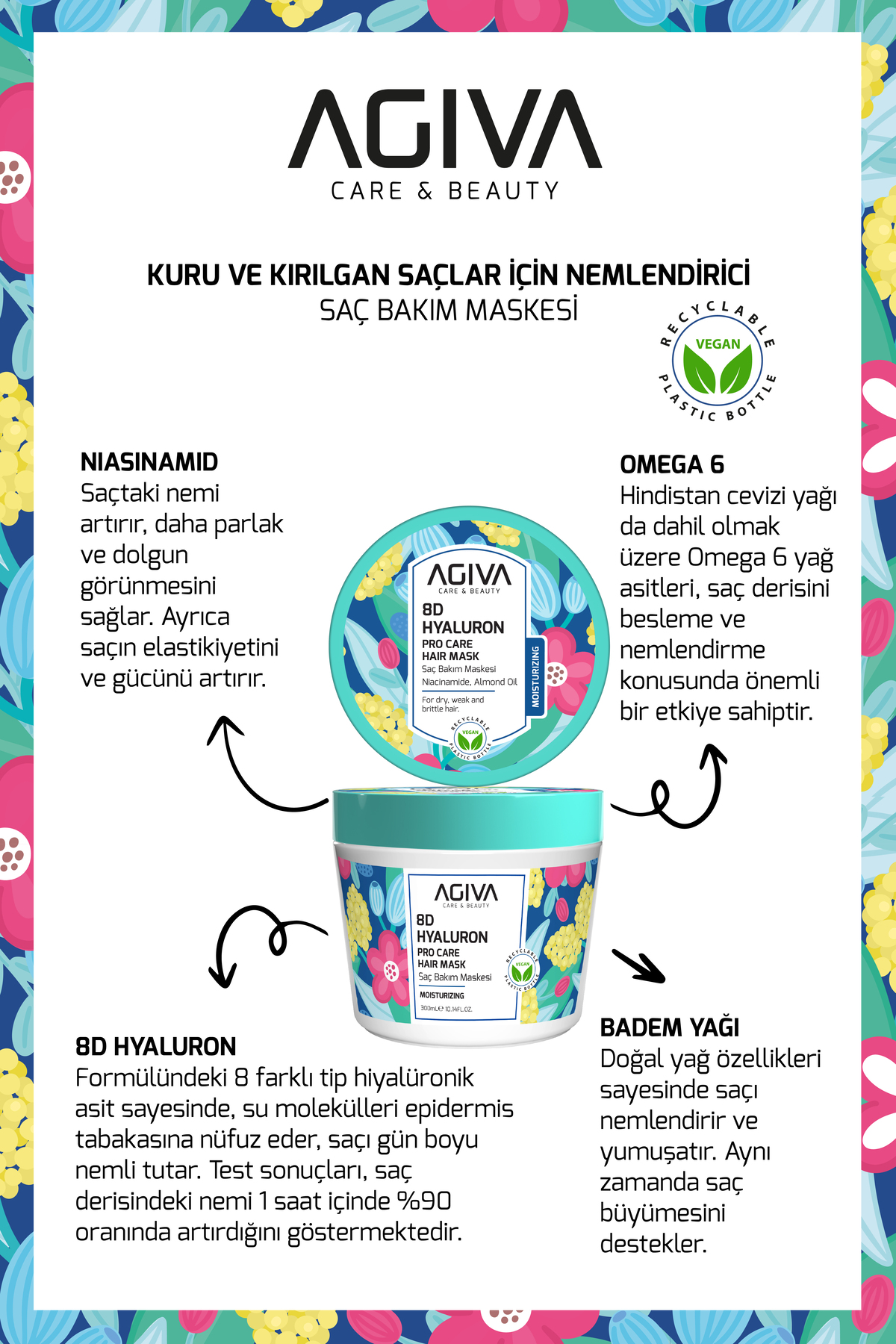 8d Hyaluron Kuru ve Mat Saçlar İçin Yoğun Nemlendirici, Güçlendirici Saç Bakım Maskesi 300 ml – Vegan — 8DMASKE — تصویر 5 از 6