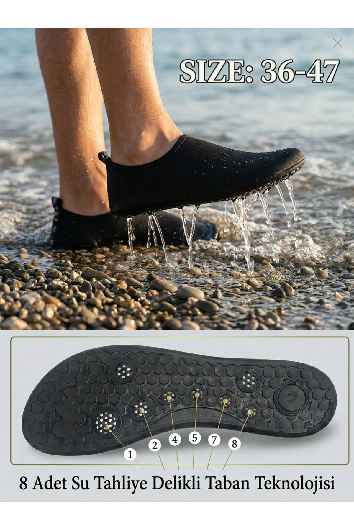 Sea&Blue Siyah Kaymaz Tabanlı Deniz Ayakkabısı - Esnek Plaj ve Havuz Ayakkabısı - Deniz Patiği
