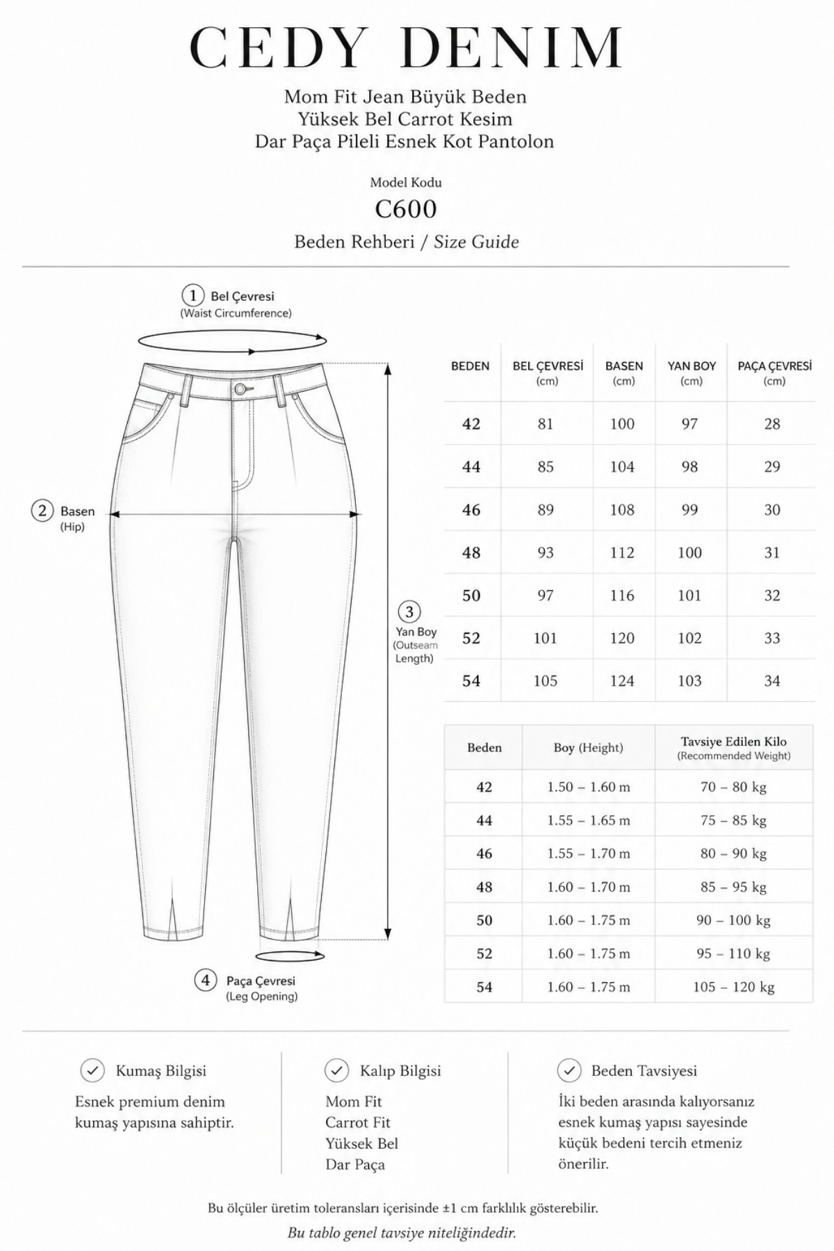 CEDY DENIM Mom Fit Jean Büyük Beden Yüksek Bel Carrot Kesim Dar Paça Pileli Esnek Kot Pantolon C600-haki görsel 2