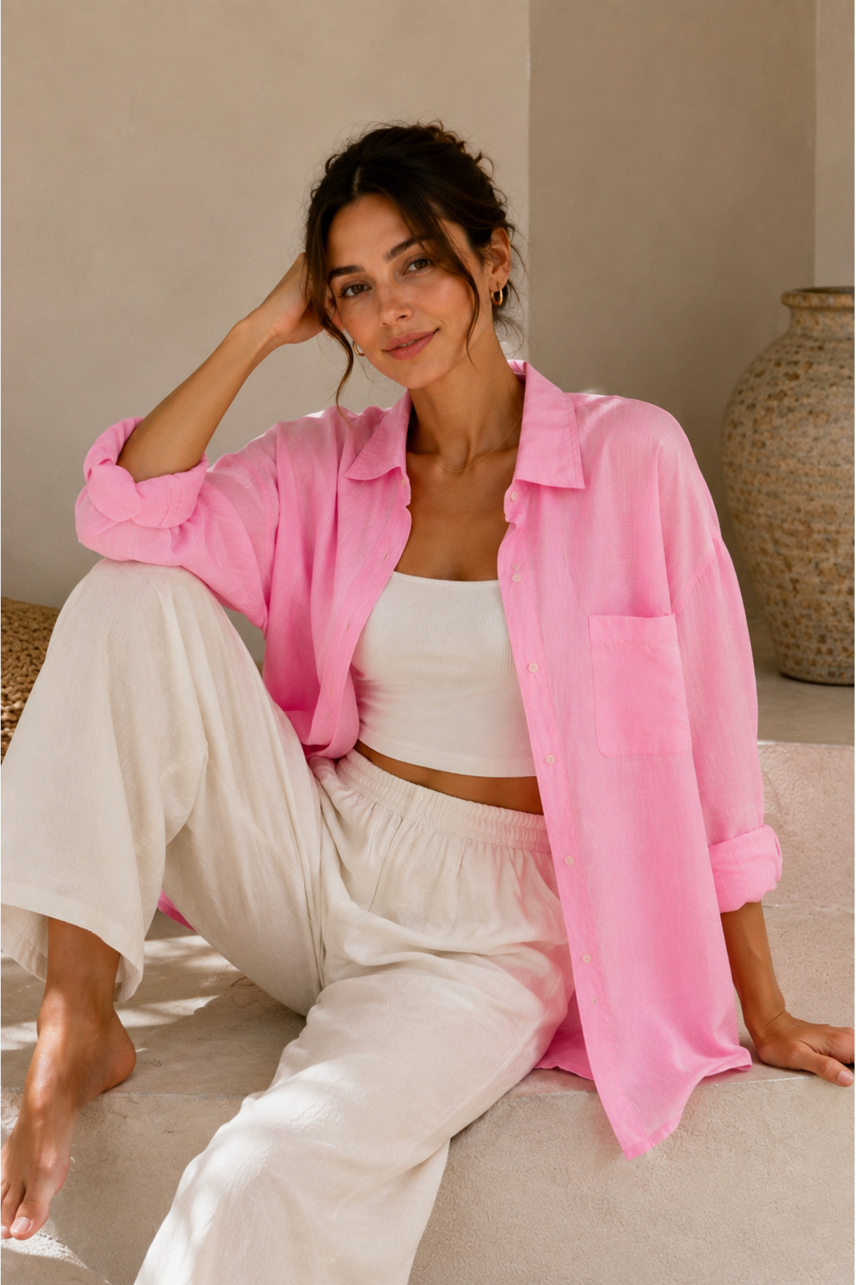 bb butik basic Oversize Keten Dokulu %100 Pamuk Tek Cepli Salaş Gömlek BB-KU3435 görsel 2