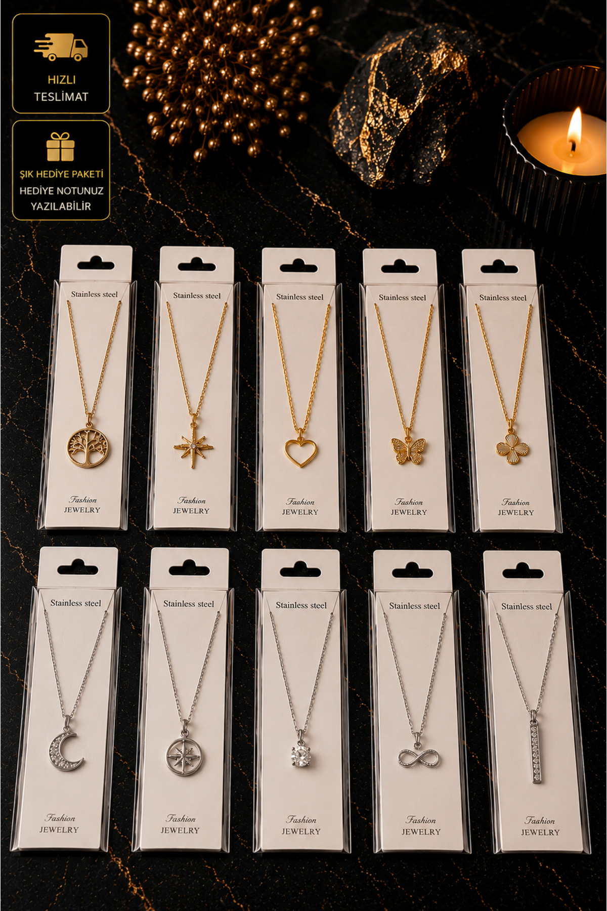 PURE BERRY 10LU KARMAŞIK SET 5 GOLD - 5 GÜMÜŞ KOLYE KARMAŞIK GÖNDERİLİR