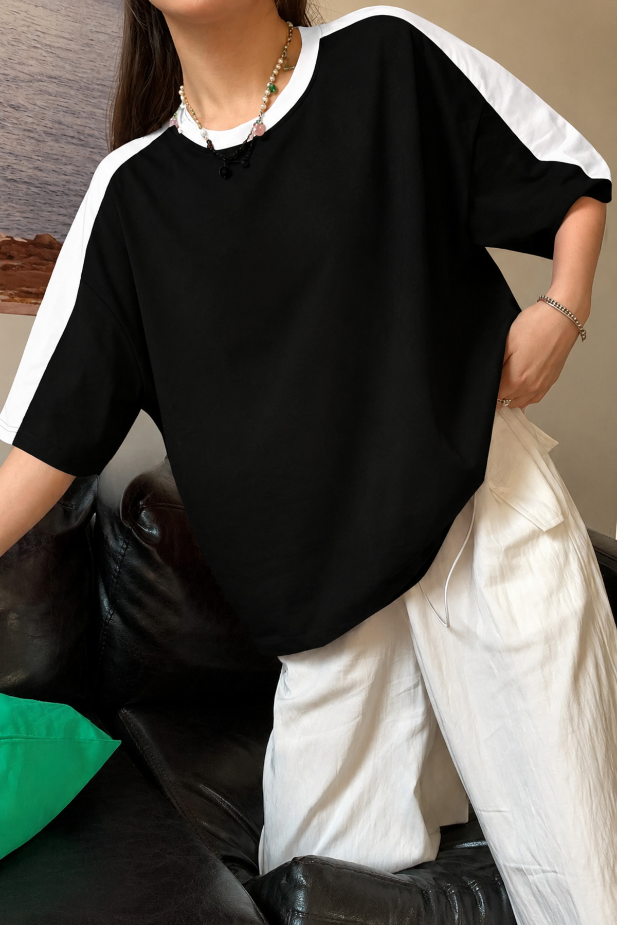 CLAYES Leisure Future Pieced Single Jersey T-Shirt - Black Body Shoulder White Pieced Oversize Unisex