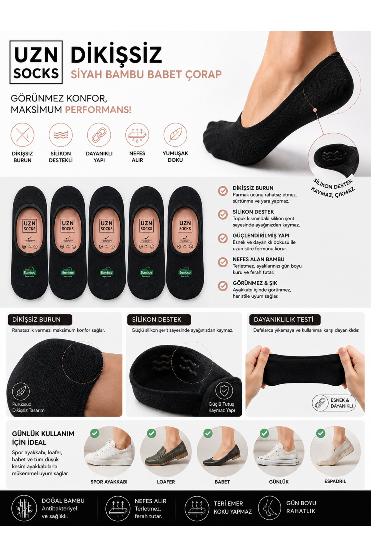 UZN SOCKS 5’li Siyah Dikişsiz Pamuklu Silikonlu Kaymaz Babet Çorap | Terletmez - İz Yapmaz görsel 2