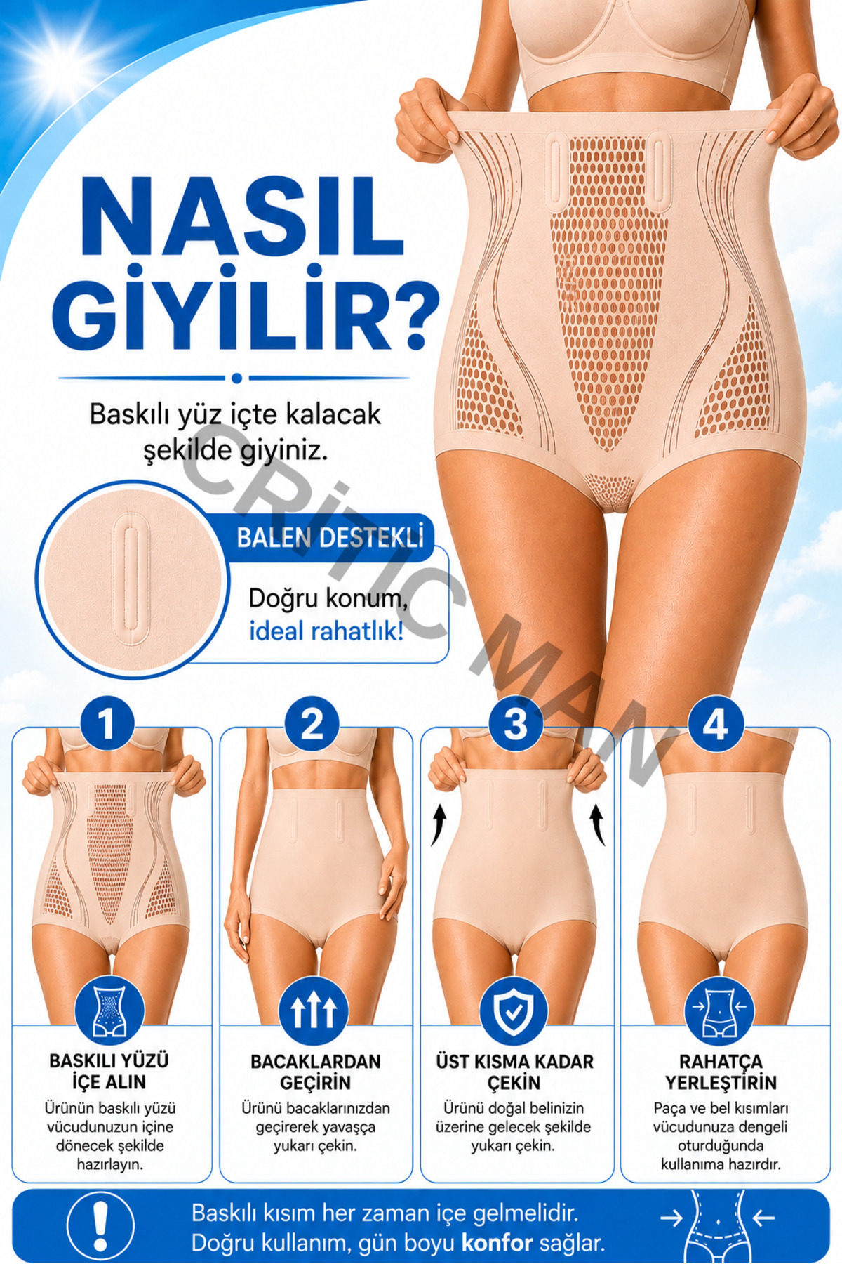 critic man Yüksek Bel Gizli Balenli Katlanmaz Kaymaz İz Yapmaz Dikişsiz Bel Göbek Basen Toparlayıcı Külot Korse görsel 3