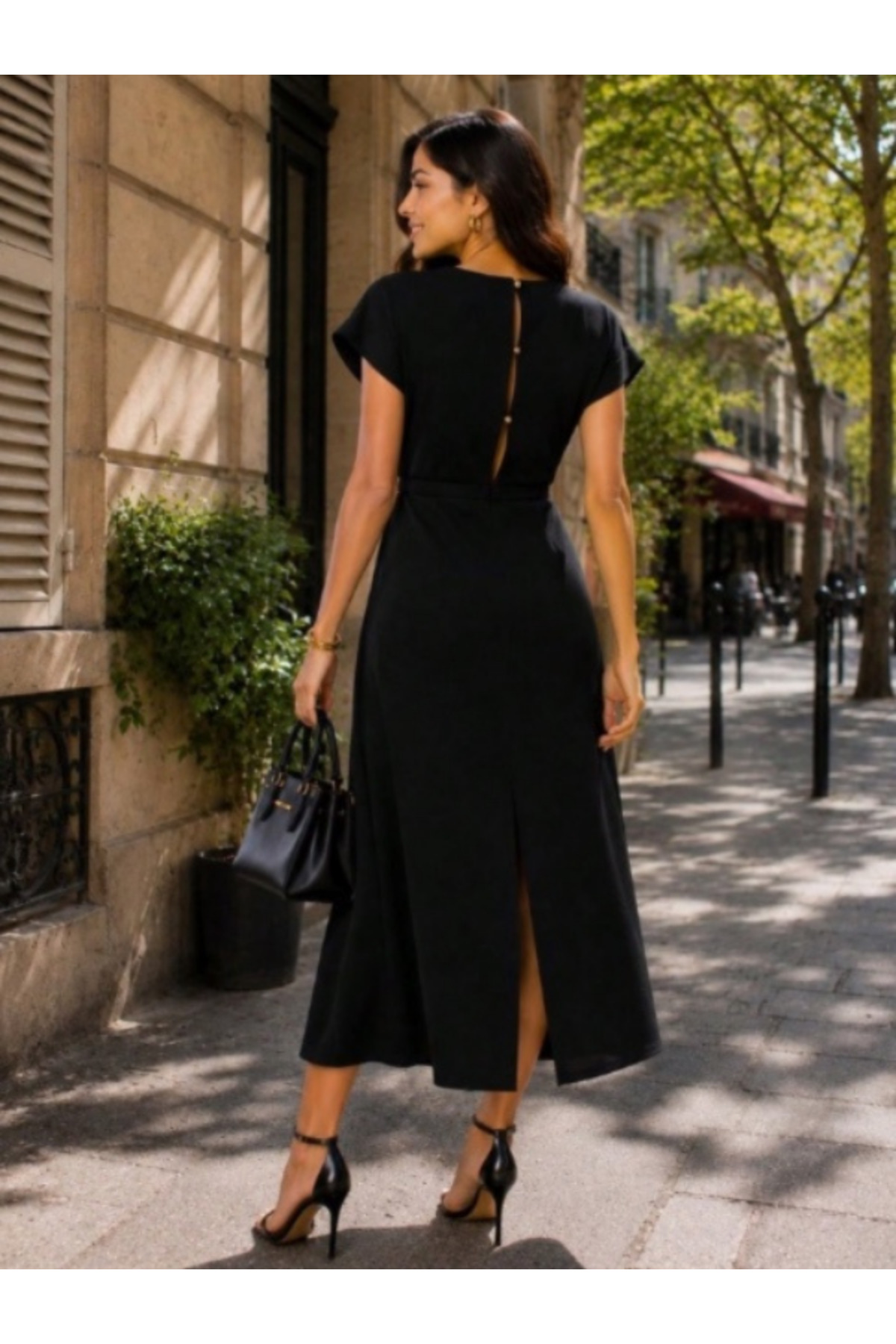 FLOWERİNG Kadın Siyah Kemerli Kısa Kollu Midi Elbise görsel 4
