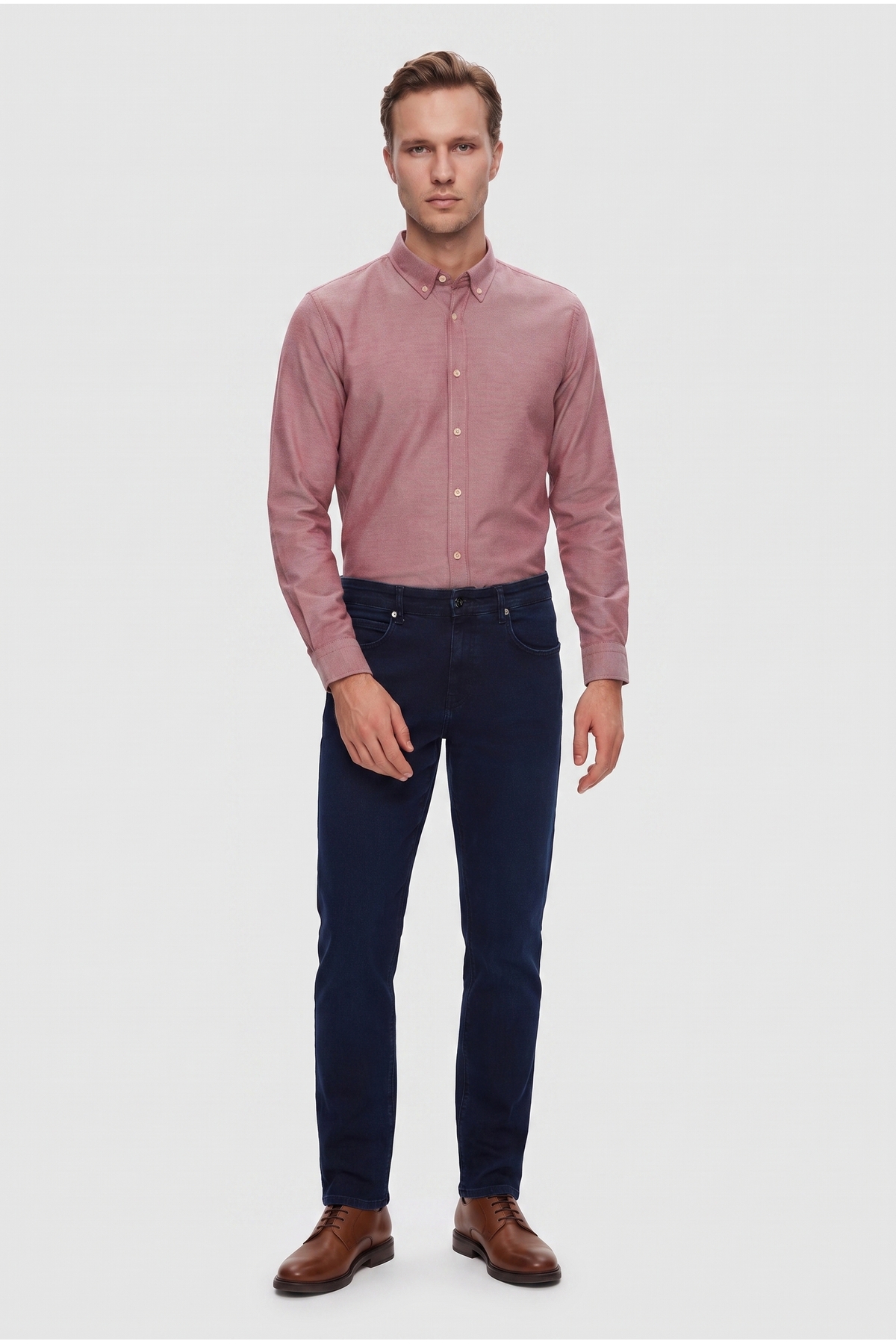 D'S Damat Ds Damat Slim Fit Bordo Armürlü Düğmeli Yaka Pamuklu Gömlek görsel 4