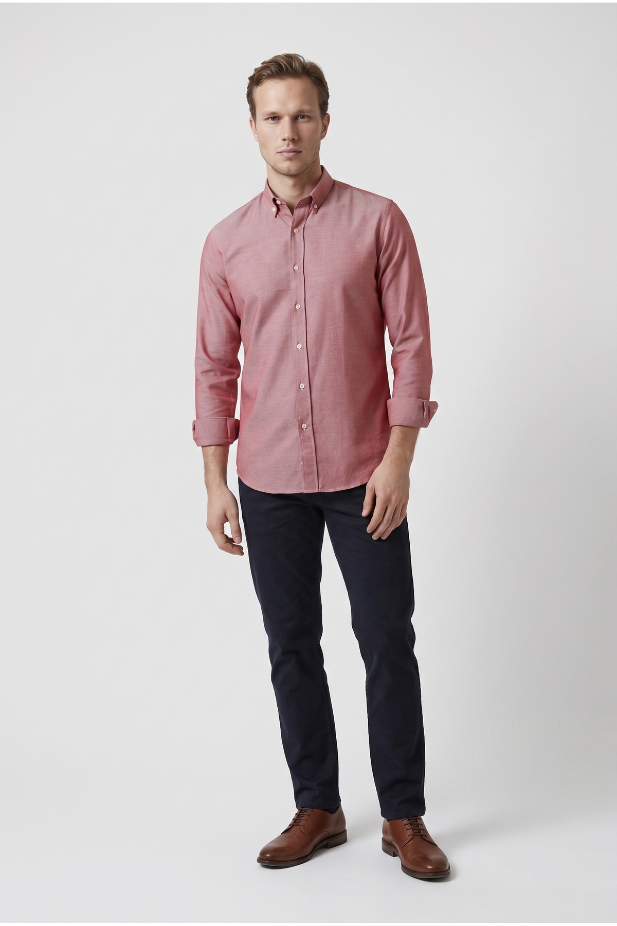 پیراهن نخی یقه دکمه‌دار بافت‌دار قرمز Ds Damat Slim Fit — قرمز 5HC02ORT07265 — تصویر 4 از 5