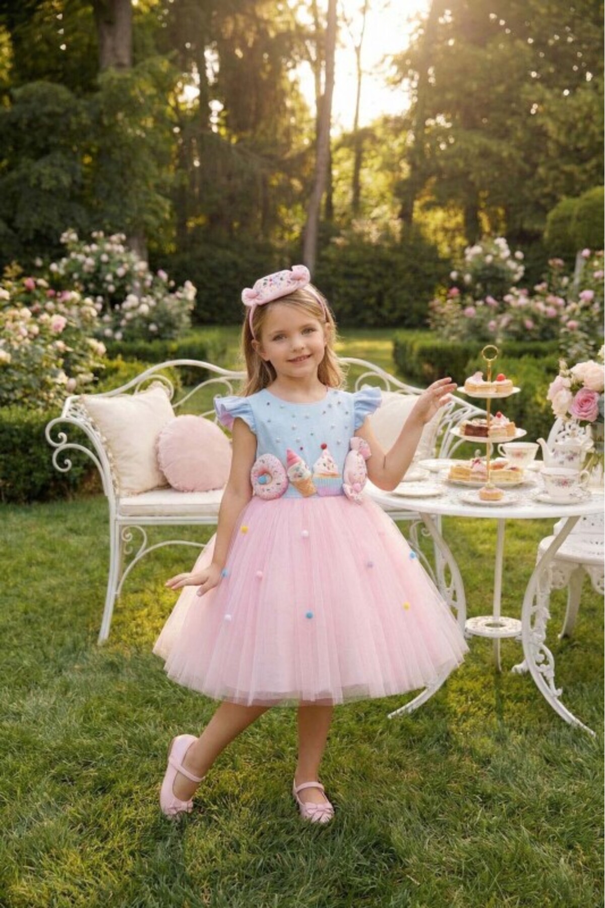 Pamina Donut ve Dondurma Aplikeli Kız Çocuk Tatlı Dünyası Abiye Parti Tül Elbise ve Bandana 3–4-5-6-7 Yaş 36092PR