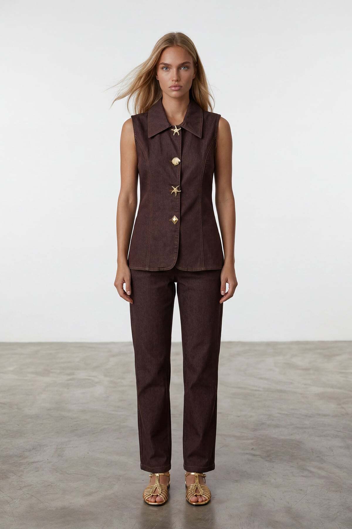 Brown Gold Button Detailed Jean Vest And Palazzo Pants Set Alc-X15499