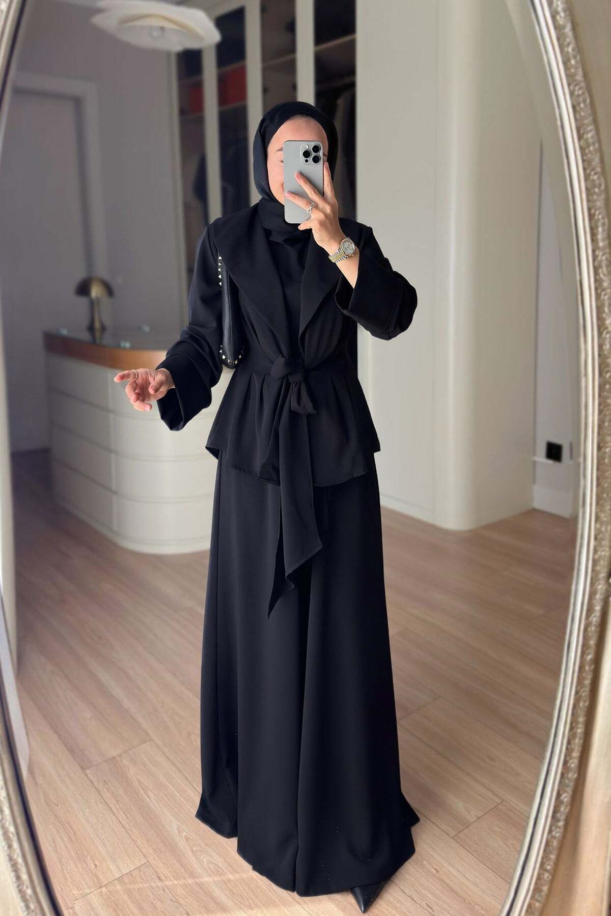 Ka Hijab Belt Detailed Padded Triple Set - Black