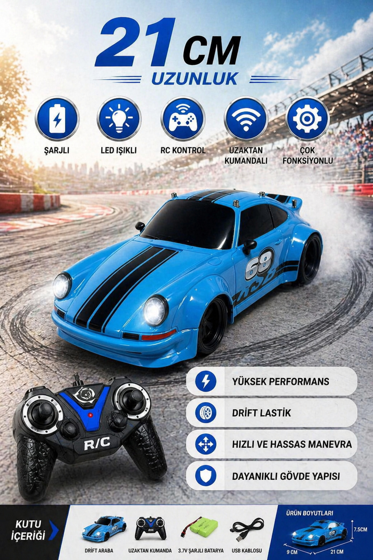 YILDIRIM OYUNCAK Şarjlı R/C Kumandalı Drift Porsche Araba 21 Cm