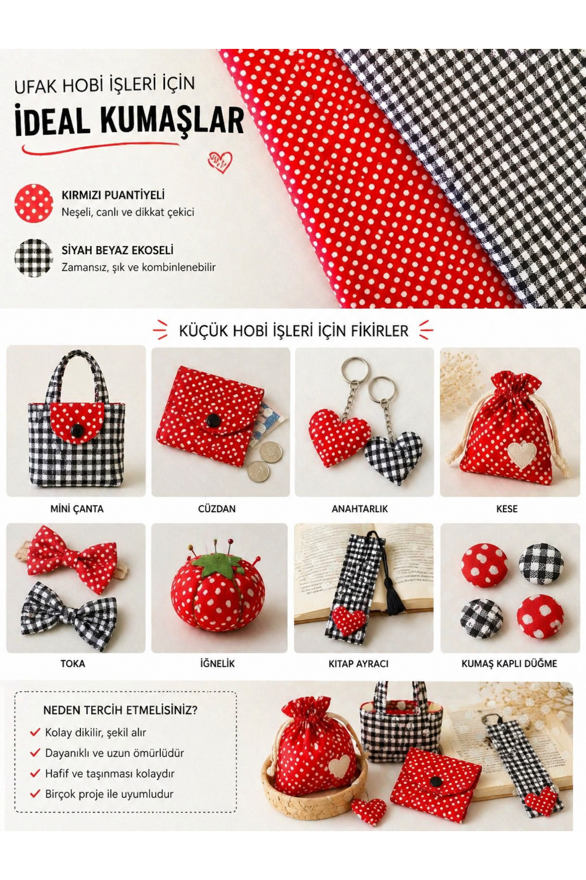 2 Pieces Width 50 cm Red Dotted and Black and White Plaid Bags, Wallets, Cotton Piece Fabric for Hobby Works