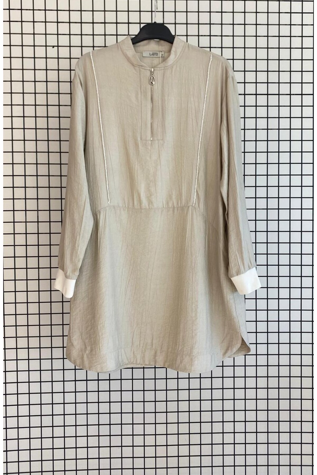 Trendy Zippered Stone Striped Natural Fabric Wide Mold Summer Hijab Tunic