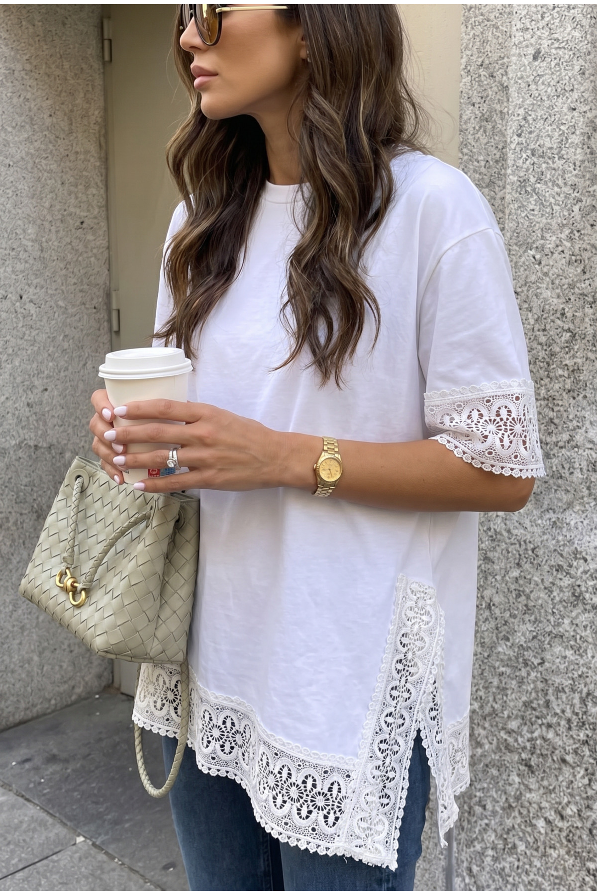 Asymmetrical Cut Lace Detailed White 100% Cotton T-Shirt