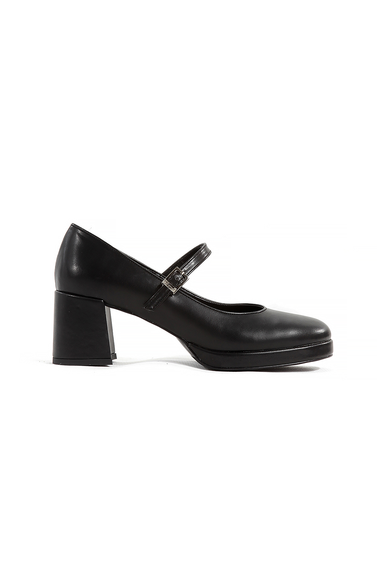 Stylish Thick Heel Platform Black Skin Women's Shoes with Buckle and Tape Detail