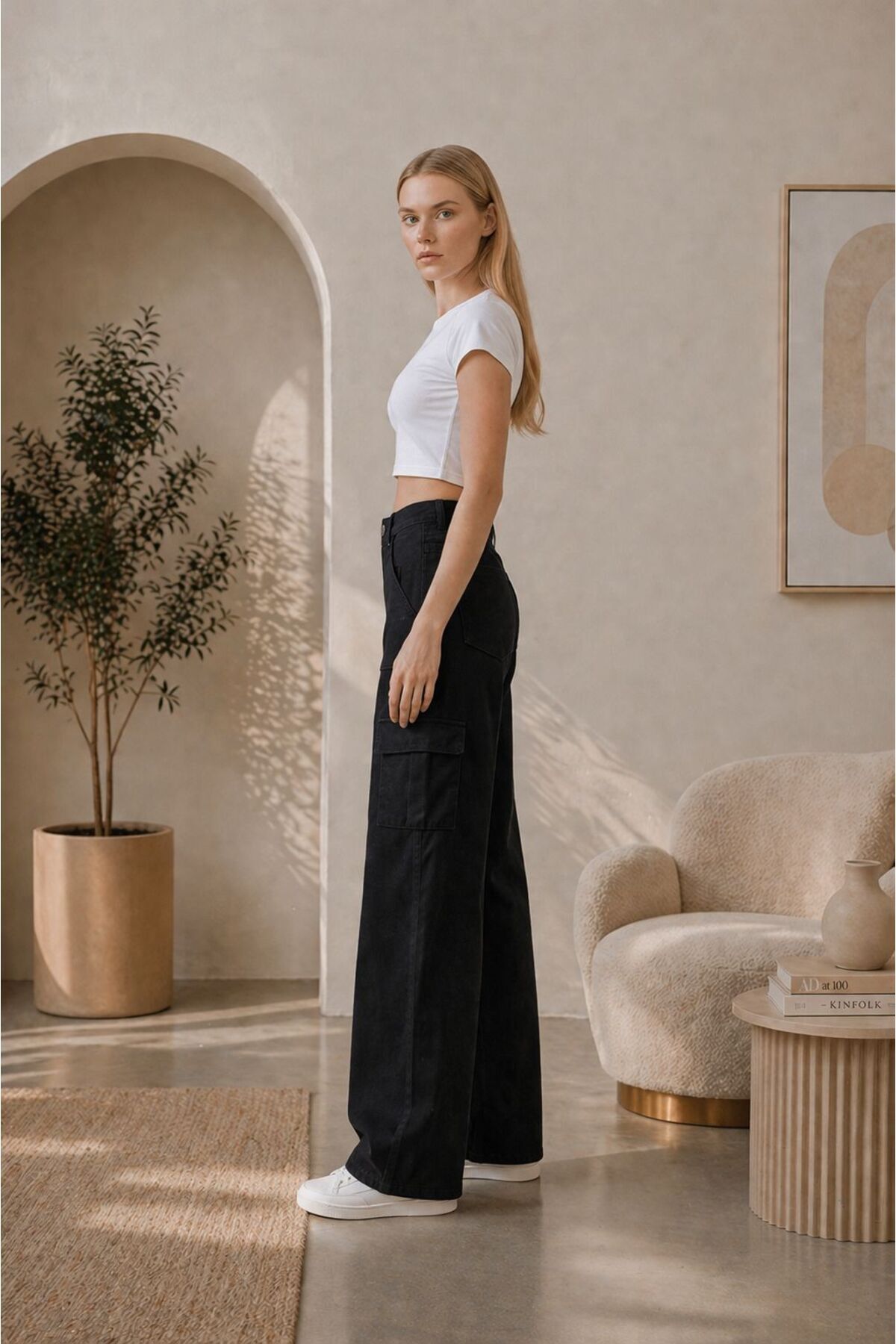 Rosita Kadın Yüksek Bel Full Likralı Kargo Cep Wide Leg Jean görsel 3