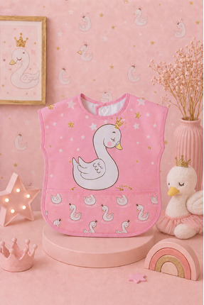 Bebechi Kuğu Desenli Cepli Kolsuz Su Geçirmez Bebek Mama Önlüğü