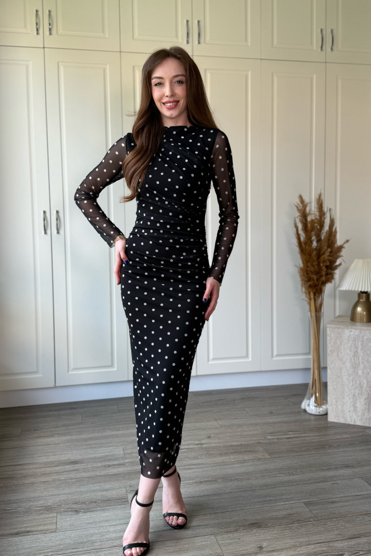 Draped Polka Dot Patterned Midi Tulle Black Dress