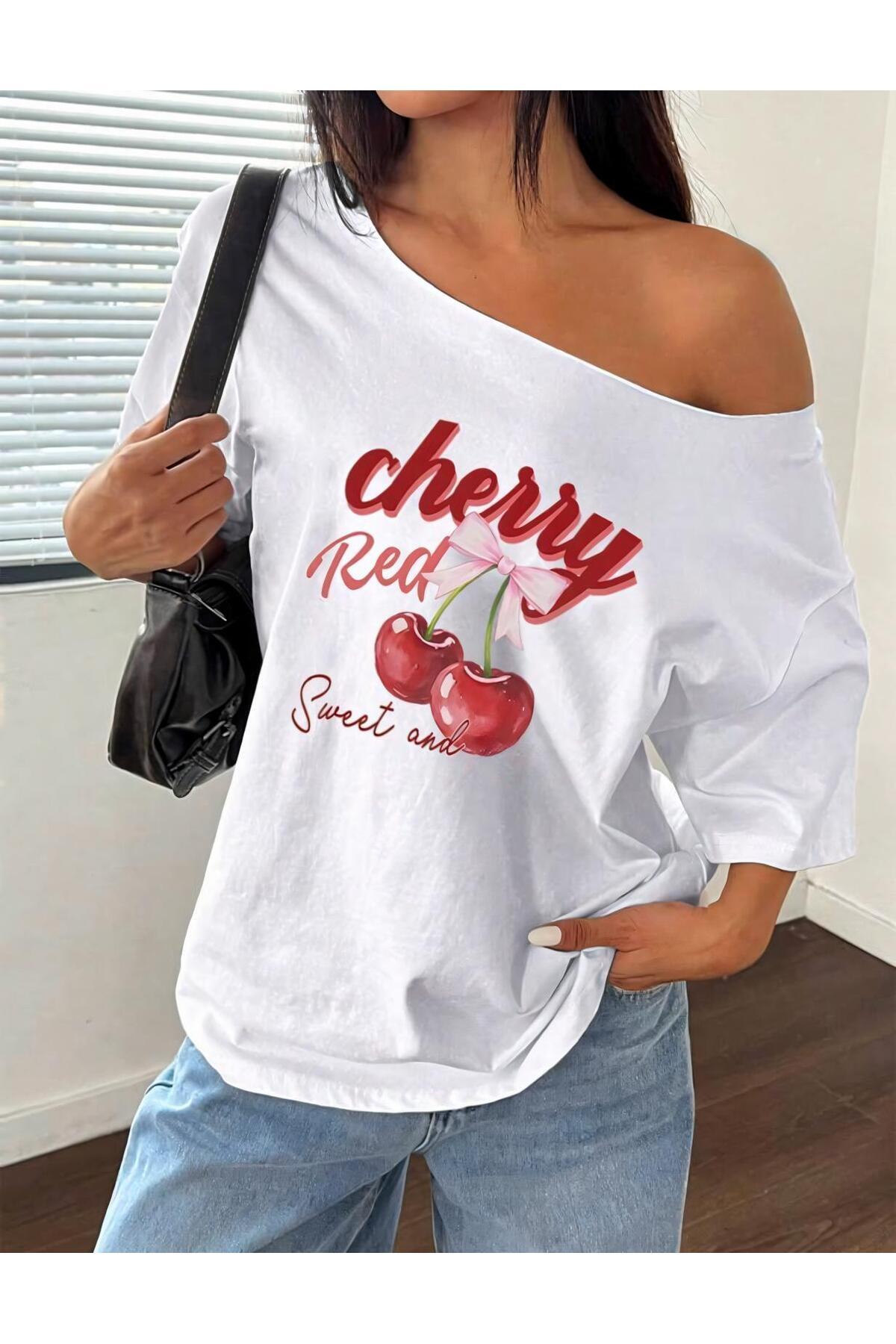 Women's White Cherry Red Printed Wide Asymmetrical Neck Regular Fit T-Shirt