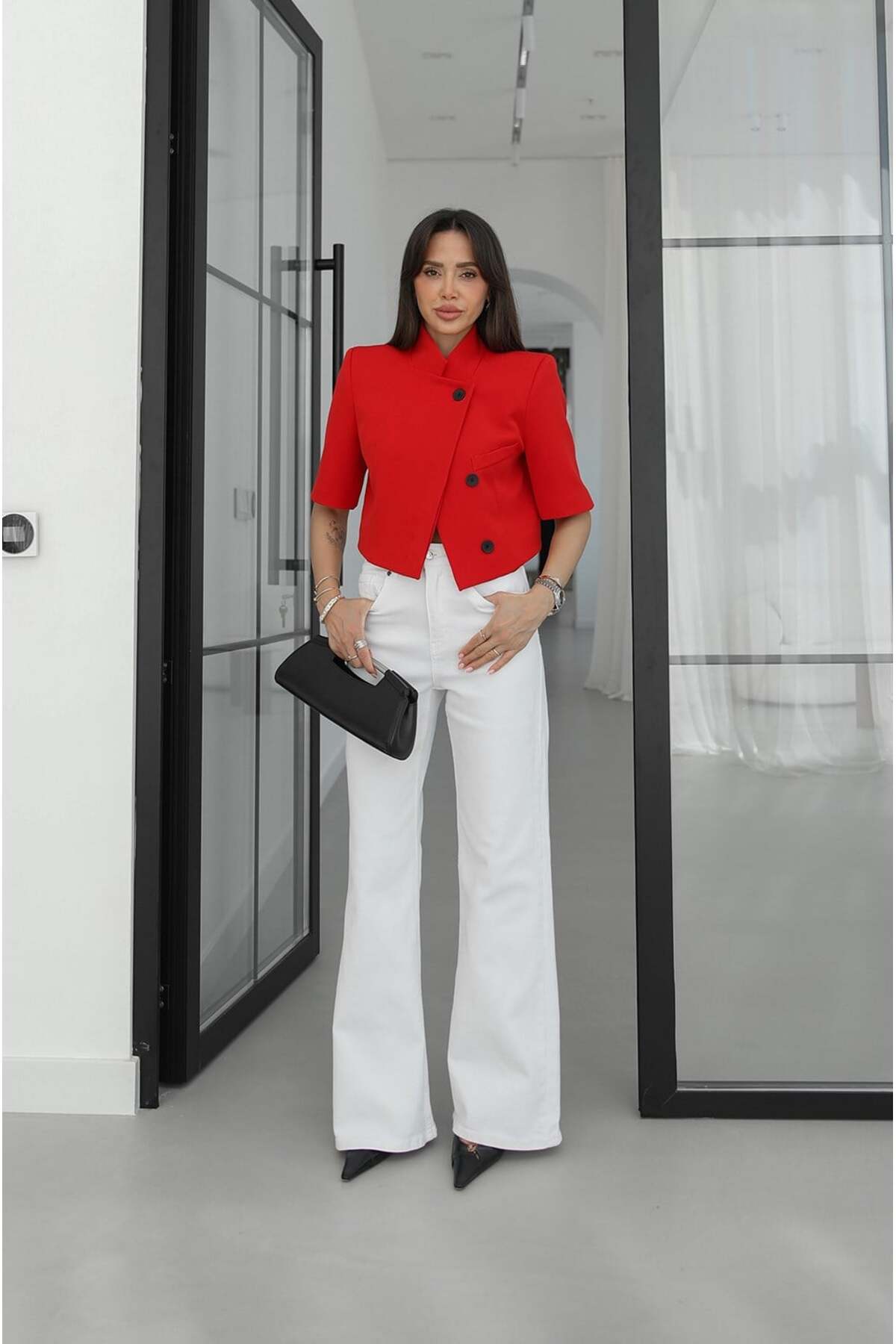Havoş  Kırmızı Kısa Kollu Crop Blazer Ceket - Görsel 2