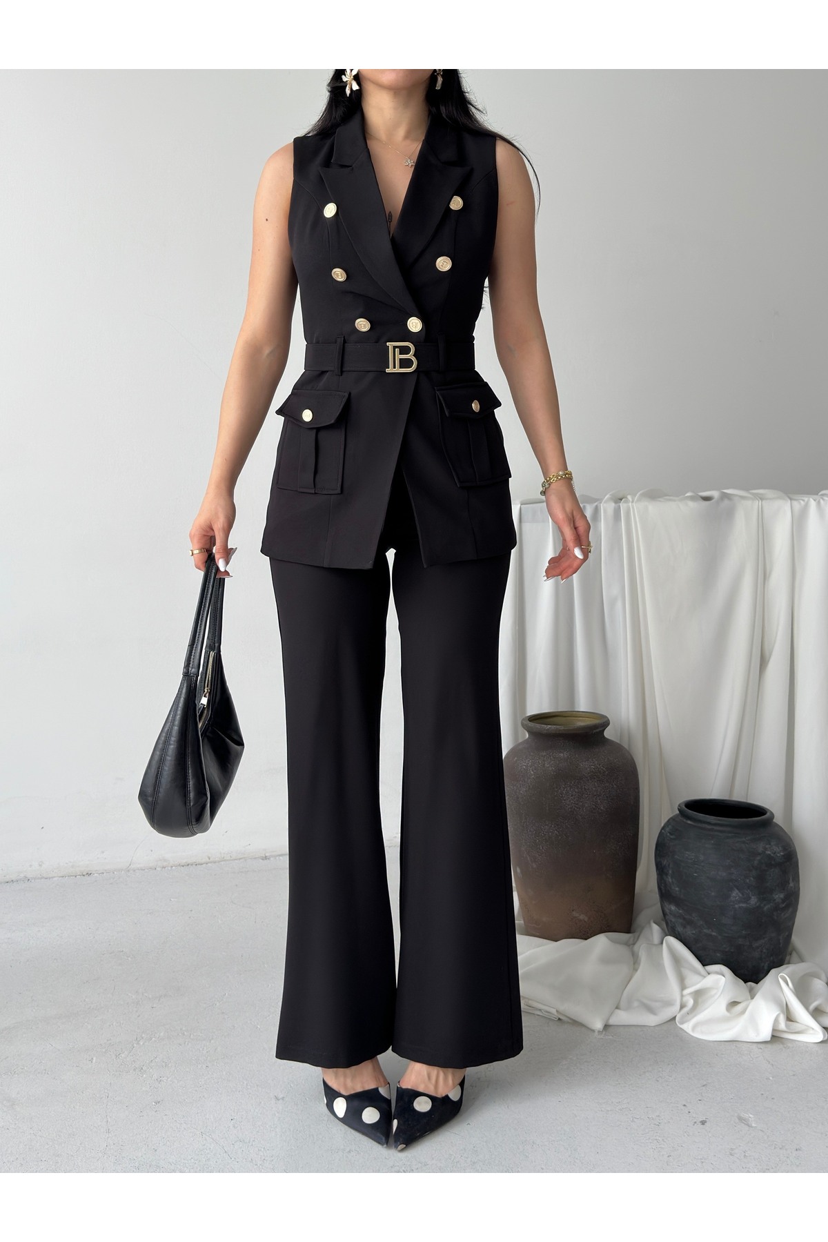 Gold Buttoned Vest Pants Blazer Set with Belt Accessory