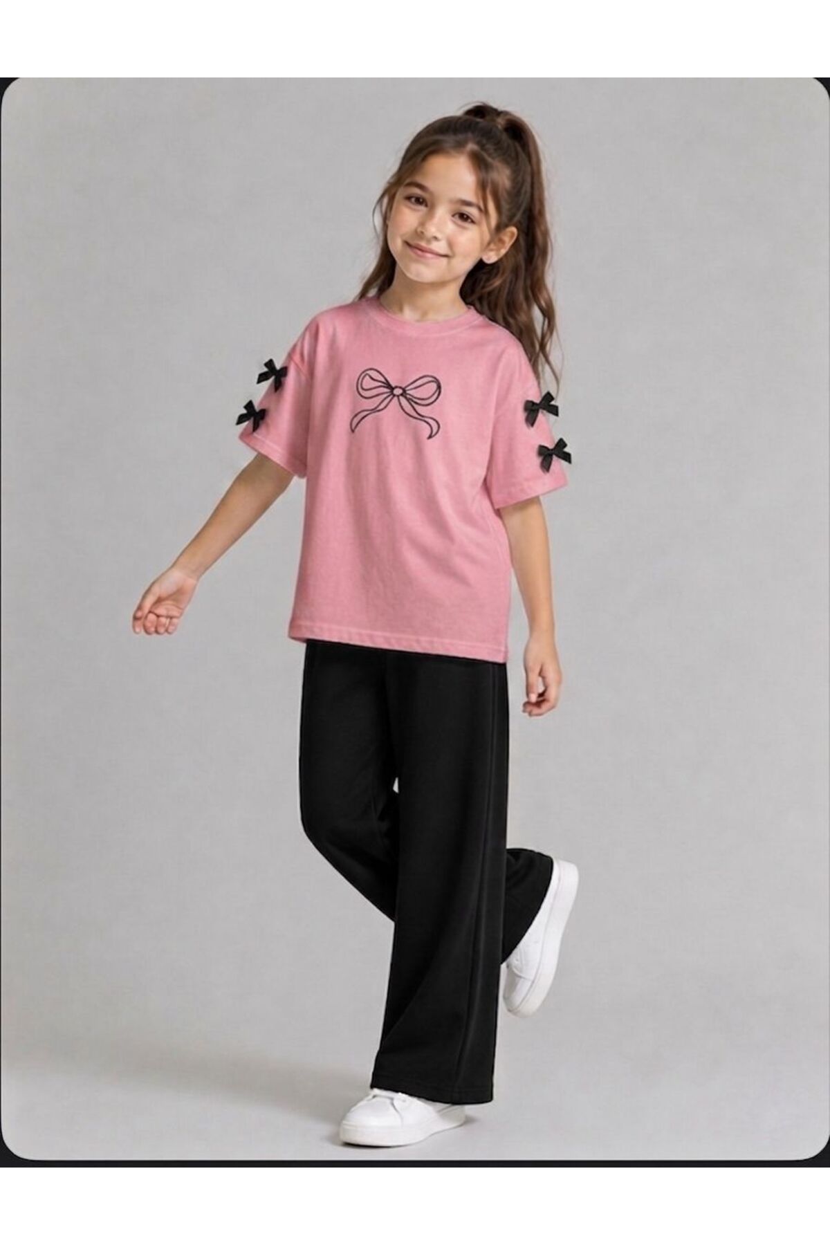 GIRLS SUMMER FABRIC RIBBONS PRINTED PINK T-SHIRT-BLACK SUMMER BAGGY TRACKSUIT