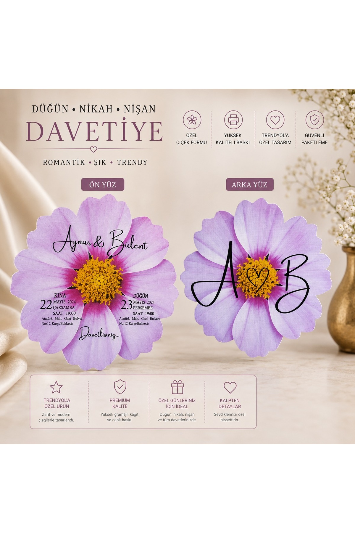 Çiçek Kesim Premium Davetiye 50’li Set | Baskı Dahil Düğün Nişan Nikah Davetiyesi