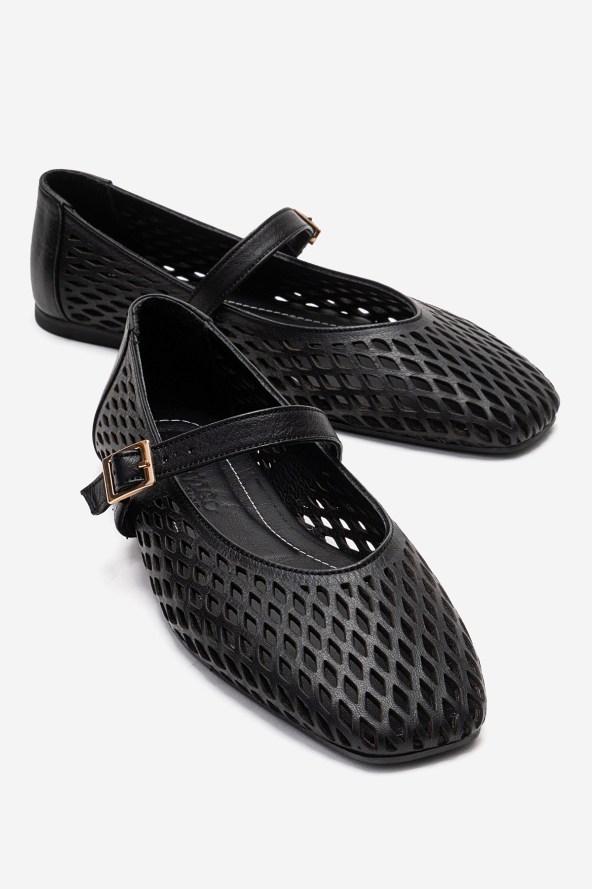 Genuine Leather Laser Black Women's Buckle Detailed Flats Oprey