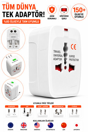 nelerbulurum Akım Korumalı 150+ Ülke Uyumlu Universal Seyahat Adaptörü Priz Ç...