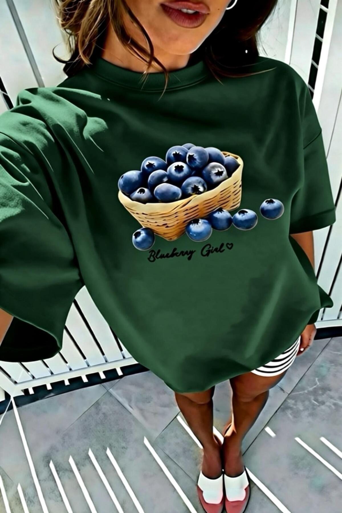 Oksit Blueberry Girl Design Printed Cotton Oversize Women's T-Shirt
