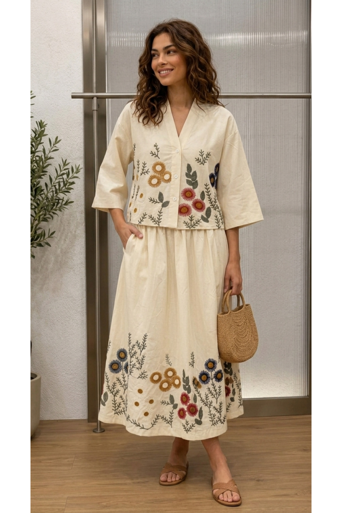 Nes Moda Women's Embroidery Detailed Linen Shirt Skirt Set