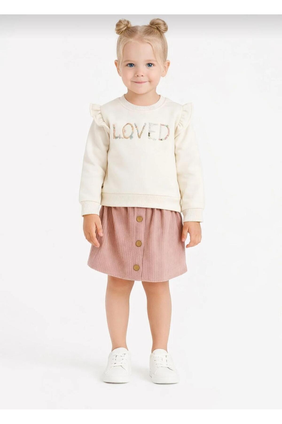 Girl "Loved" Embroidered Sweatshirt and Velvet Skirt Set of 2-107581B