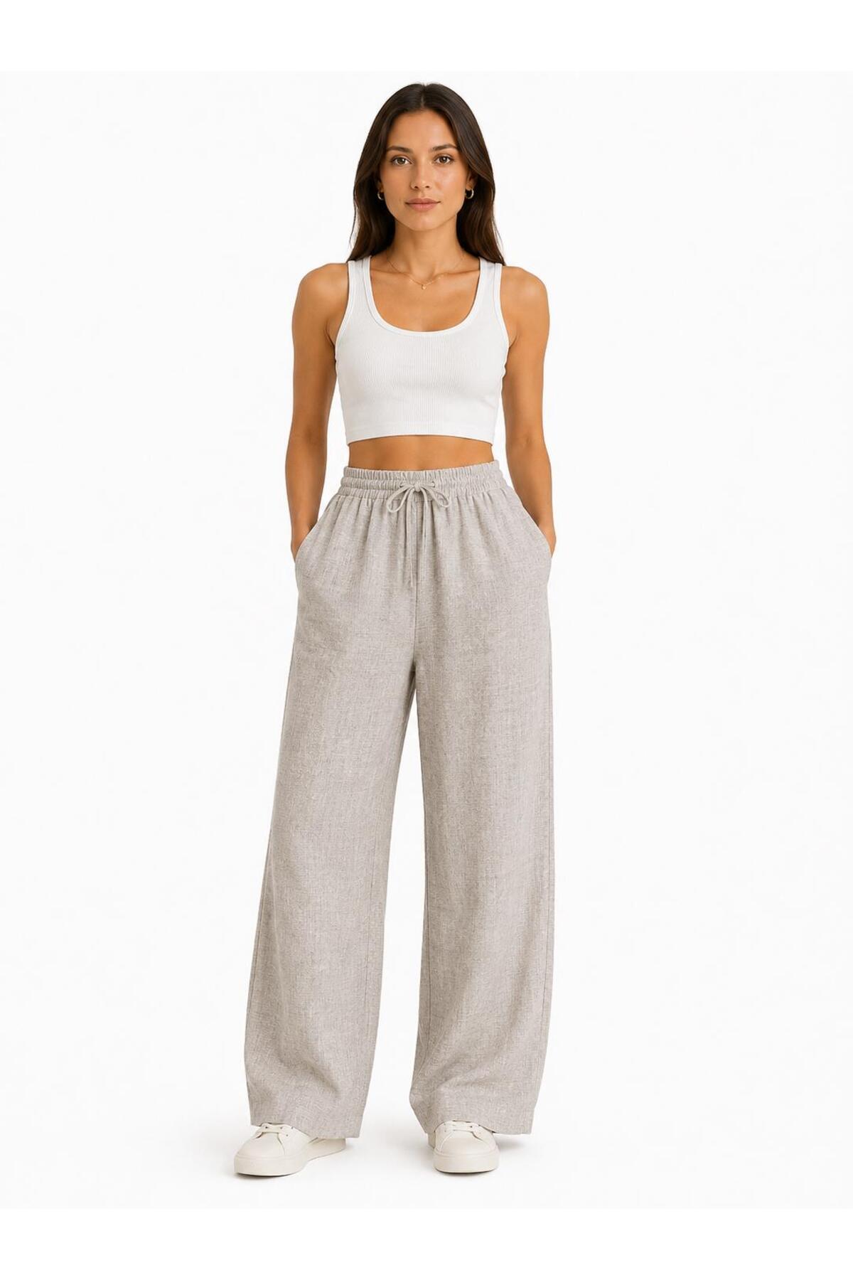 one depot only for quality life Keten Summer Pocketed Elastic Waist Drawstring Loose Fit Pants Beige Drawstring