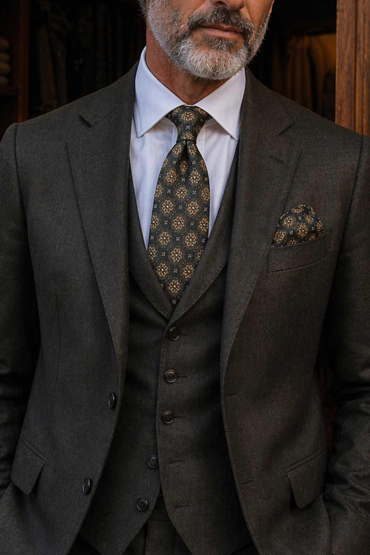 Kravatkolik Yeşil - Sarı Motif Desen Mendilli Klasik Kravat KK13703