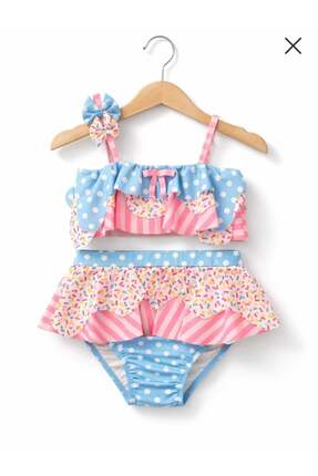 Lyrax Dondurma Desenli Kız Çocuk Bikini Takım Havuz Deniz Mayo Seti