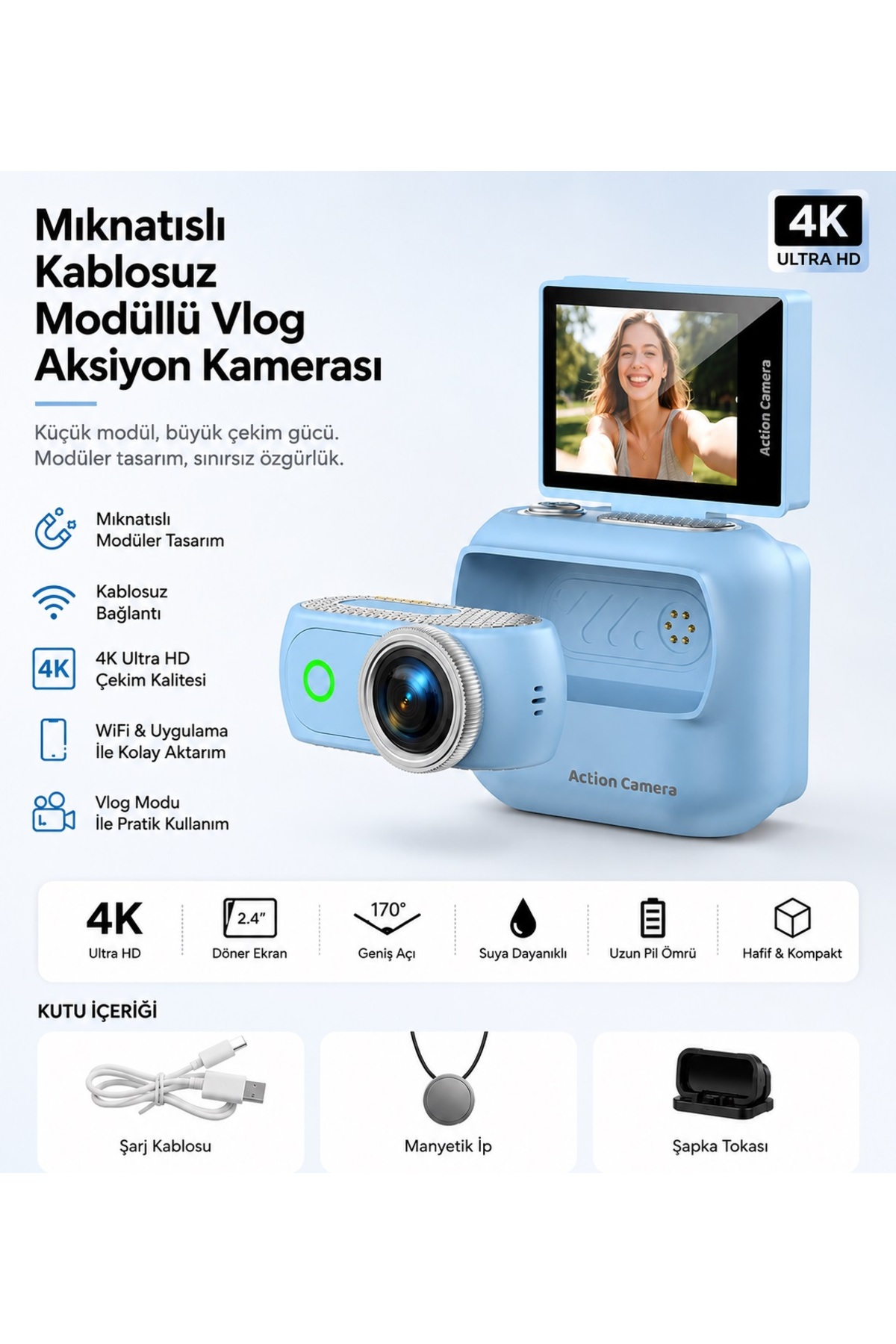 Tastech LK-018 Vlog Kamera 48MP Aksiyon Kamerası Katlanabilir Ekranlı 4K Full Hd Dijital Kamera Video ve Mini Fotograf Makinesi WiFi ve Manyetik Klipsli