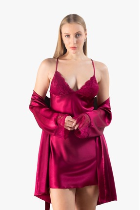 Lunoche Nightwear Saten Çeyizlik Ikili Kadın Gecelik Sabahlık Takımı