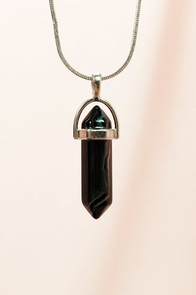Royaleks Obsidyen Doğal Taşı Zincirli El Yapımı Tasarımlı Kolye Uç: 3,5 cm Zi...