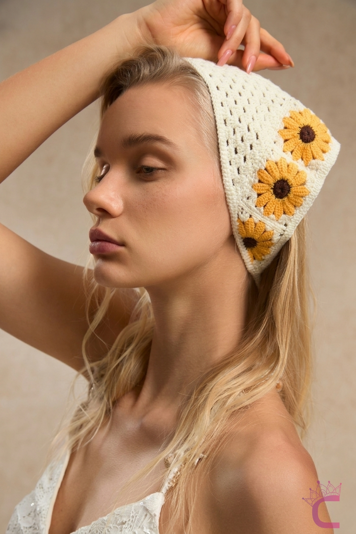 Bohemian Cottagecore Sunflower Pattern Knitted Triangle Bandana - Korean Style Summer Netting Knitting Headband